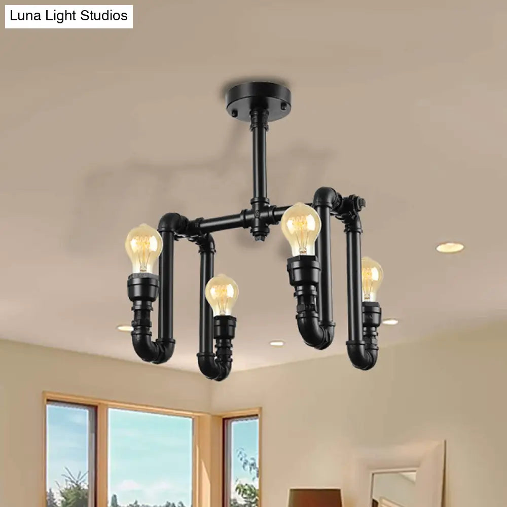 Industrial Matte Black Water Pipe Ceiling Light Fixture With 4 Lights