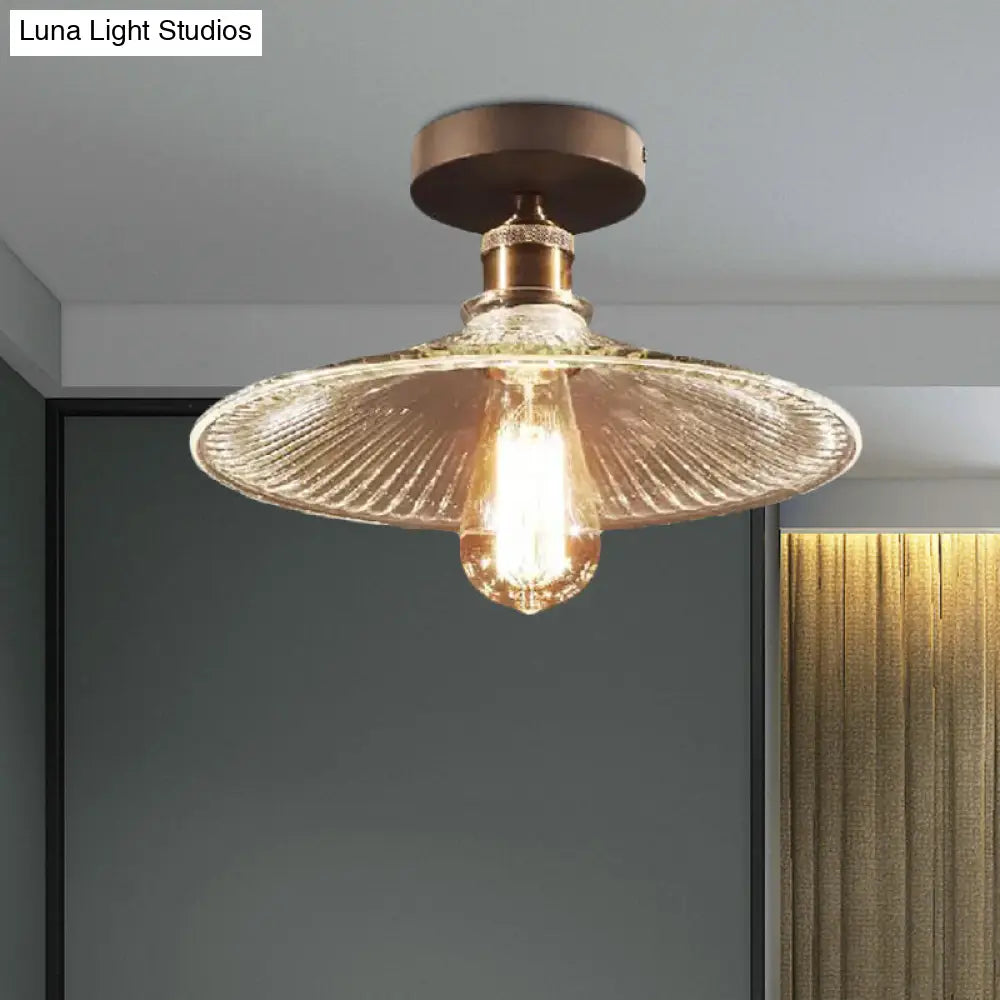 Industrial Mercury Glass Flared Semi Flush Light With Brass Ceiling Mount