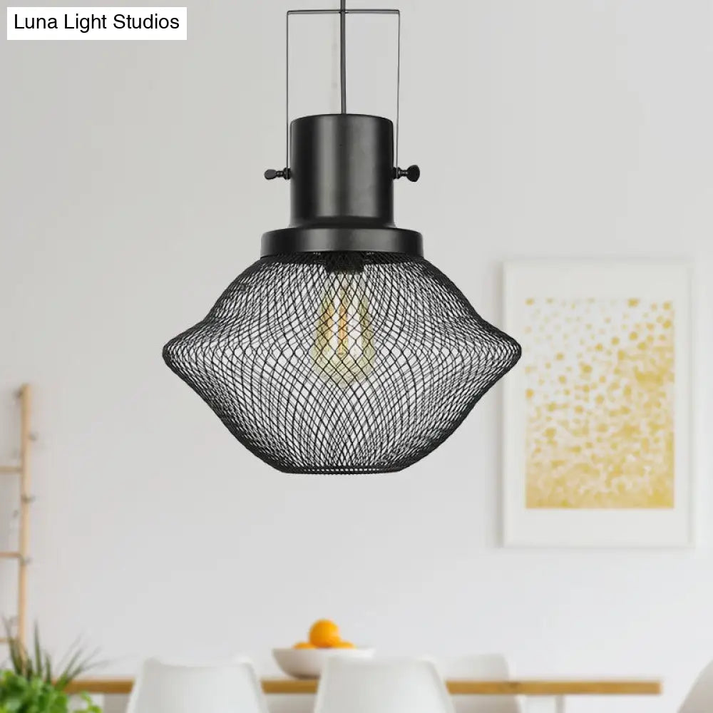 Industrial Metal Pendant Light - Mesh Cage 1-Light Black Shade Living Room Hanging Lamp