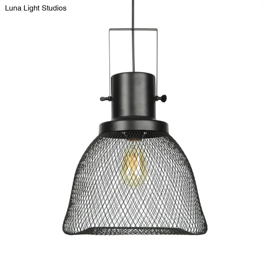 Industrial Mesh Cage Pendant Light - Black Metal Single Lamp For Living Room Hanging With Shade