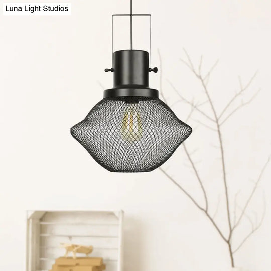 Industrial Metal Pendant Light - Mesh Cage 1-Light Black Shade Living Room Hanging Lamp