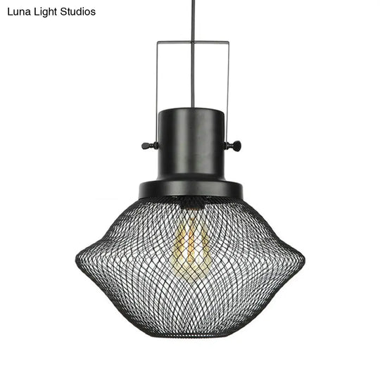 Industrial Mesh Cage Pendant Light - Black Metal Single Lamp For Living Room Hanging With Shade