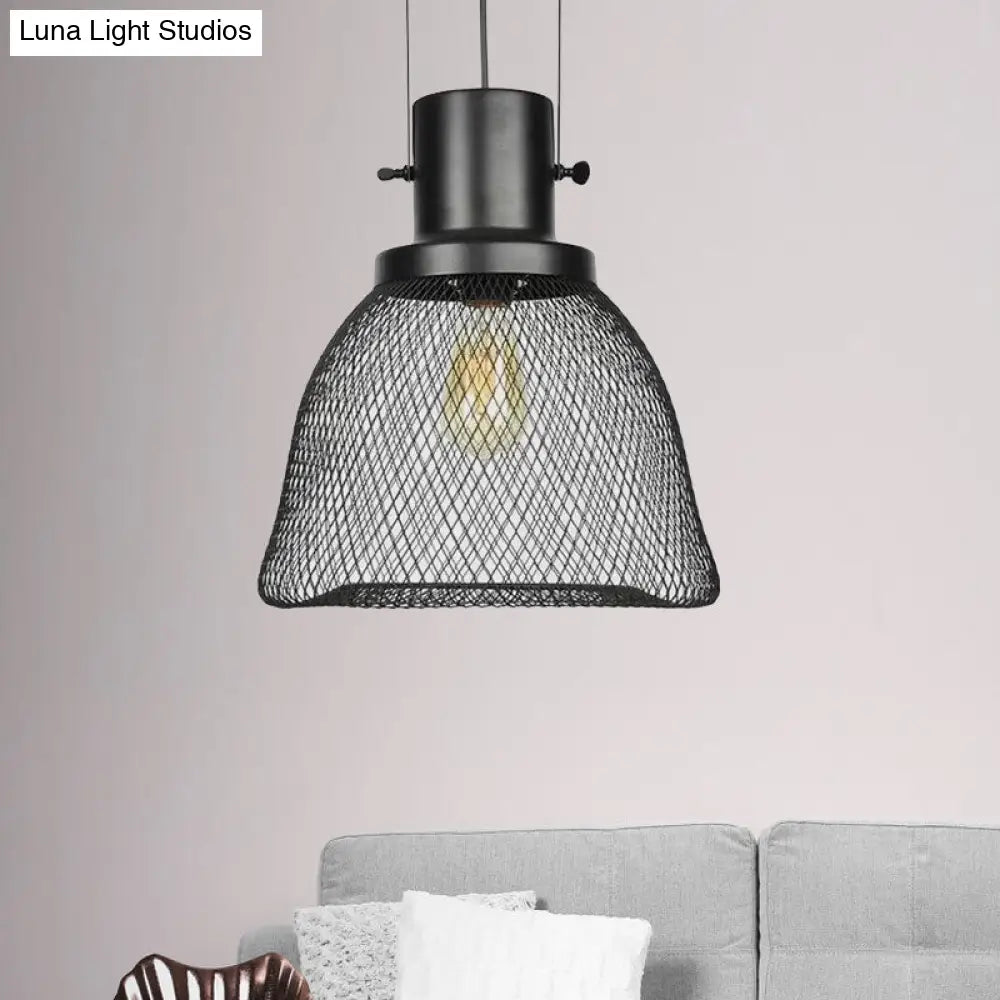 Industrial Metal Pendant Light - Mesh Cage 1-Light Black Shade Living Room Hanging Lamp