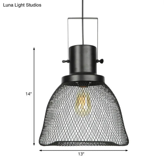 Industrial Metal Pendant Light - Mesh Cage 1-Light Black Shade Living Room Hanging Lamp