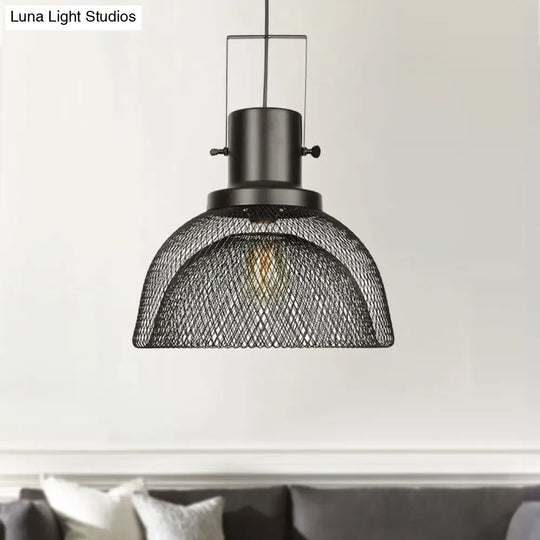 Industrial Metal Pendant Light - Mesh Cage 1-Light Black Shade Living Room Hanging Lamp