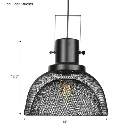 Industrial Metal Pendant Light - Mesh Cage 1-Light Black Shade Living Room Hanging Lamp