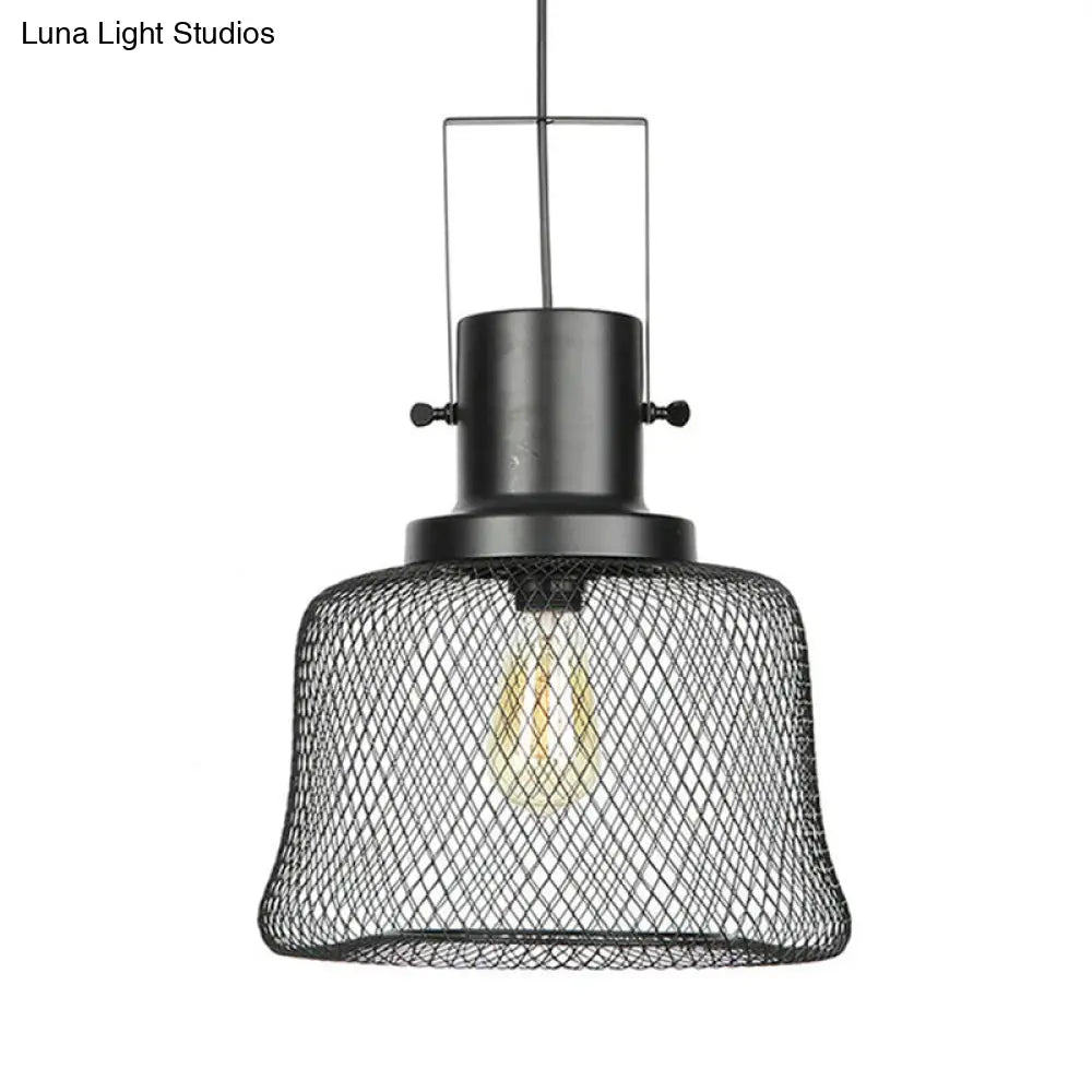 Industrial Metal Pendant Light - Mesh Cage 1-Light Black Shade Living Room Hanging Lamp