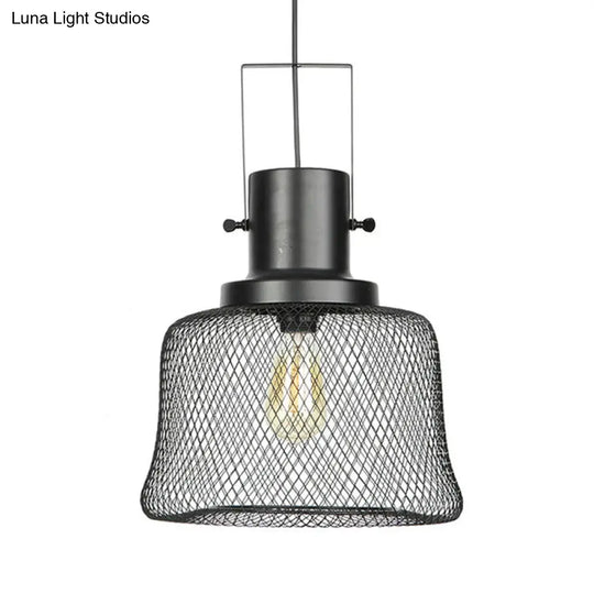 Industrial Metal Pendant Light - Mesh Cage 1-Light Black Shade Living Room Hanging Lamp