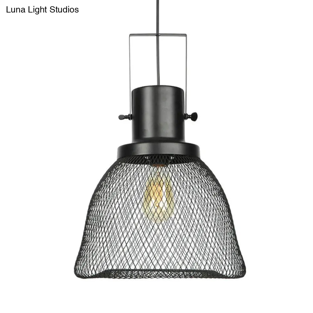 Industrial Metal Pendant Light - Mesh Cage 1-Light Black Shade Living Room Hanging Lamp