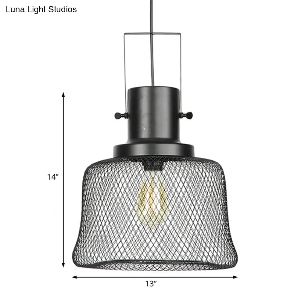 Industrial Mesh Cage Pendant Light - Black Metal Single Lamp For Living Room Hanging With Shade