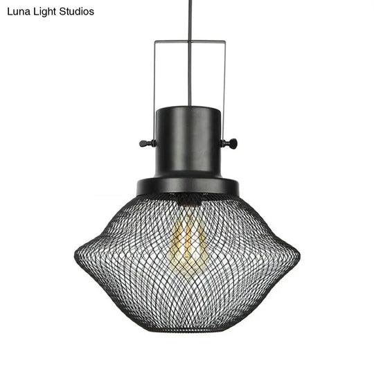 Industrial Metal Pendant Light - Mesh Cage 1-Light Black Shade Living Room Hanging Lamp