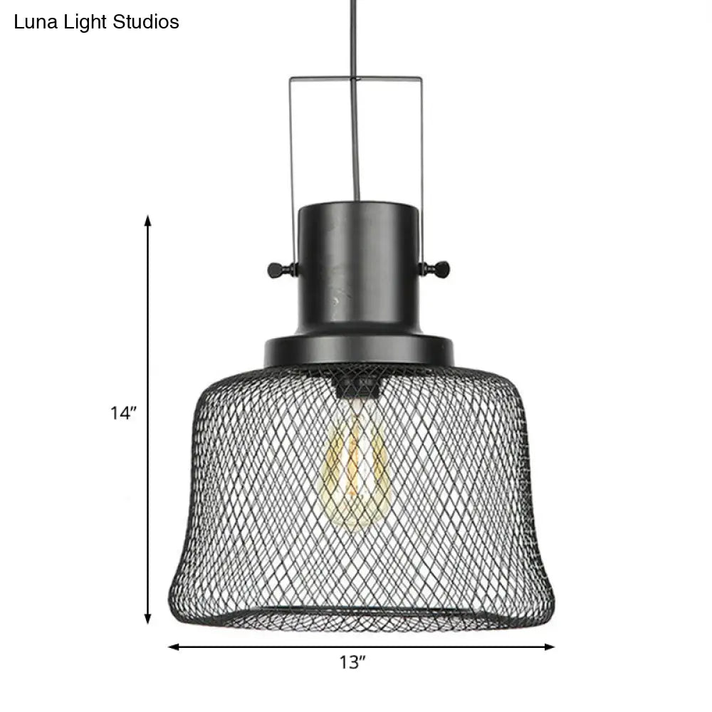 Industrial Metal Pendant Light - Mesh Cage 1-Light Black Shade Living Room Hanging Lamp