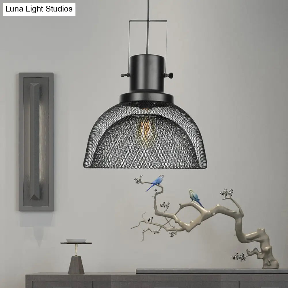 Industrial Metal Pendant Light - Mesh Cage 1-Light Black Shade Living Room Hanging Lamp / A