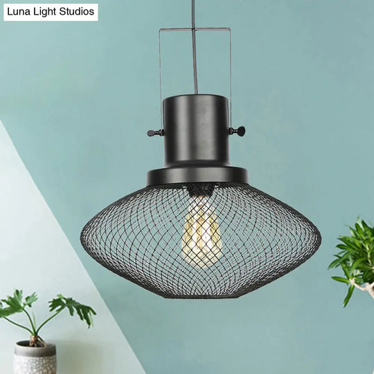 Industrial Metal Pendant Light - Mesh Cage 1-Light Black Shade Living Room Hanging Lamp / C