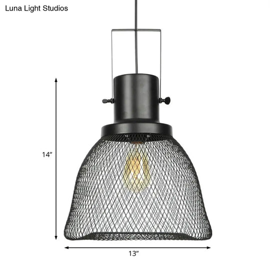 Industrial Mesh Cage Pendant Light - Black Metal Single Lamp For Living Room Hanging With Shade