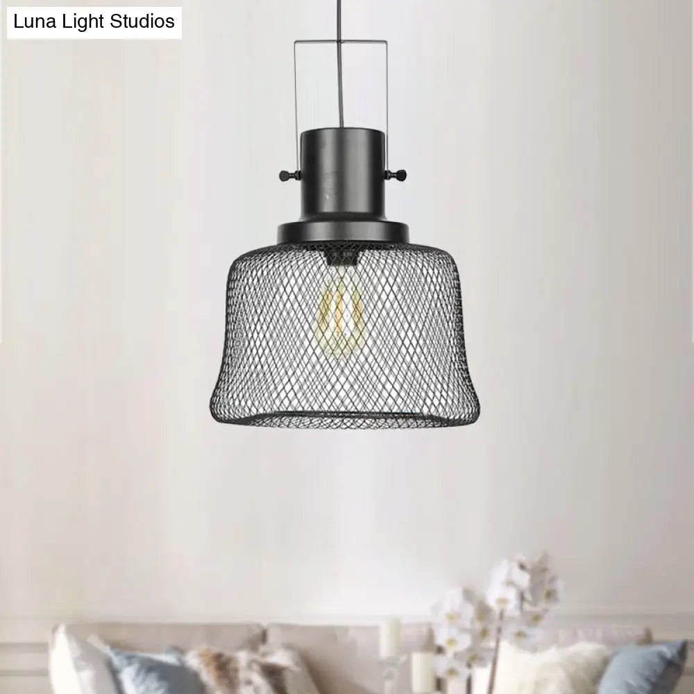 Industrial Mesh Cage Pendant Light - Black Metal Single Lamp For Living Room Hanging With Shade