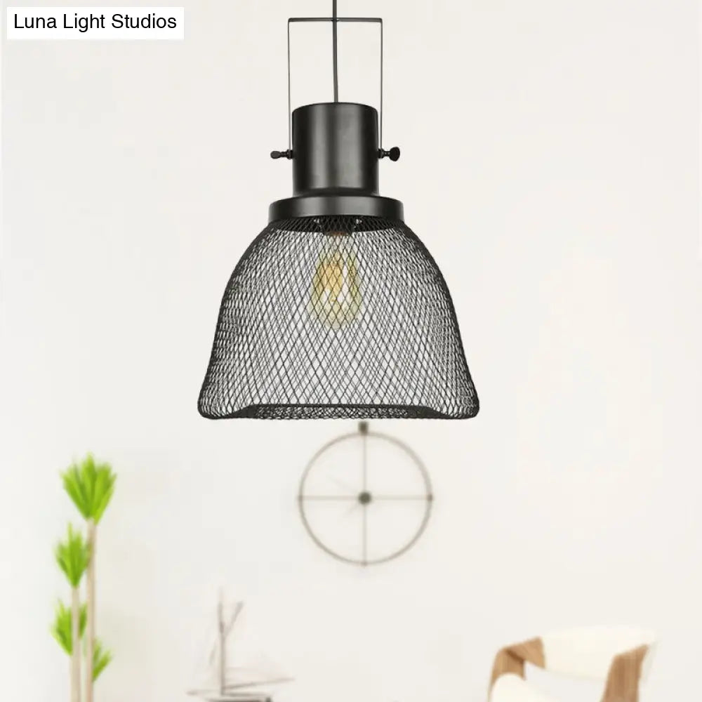 Industrial Mesh Cage Pendant Light - Black Metal Single Lamp For Living Room Hanging With Shade