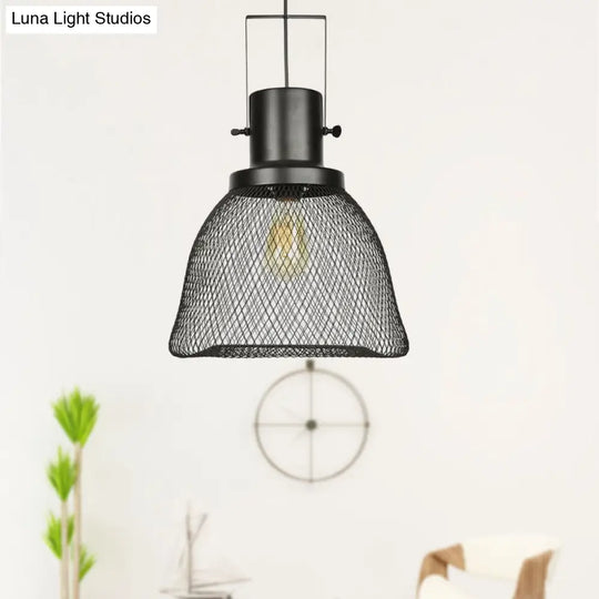 Industrial Mesh Cage Pendant Light - Black Metal Single Lamp For Living Room Hanging With Shade