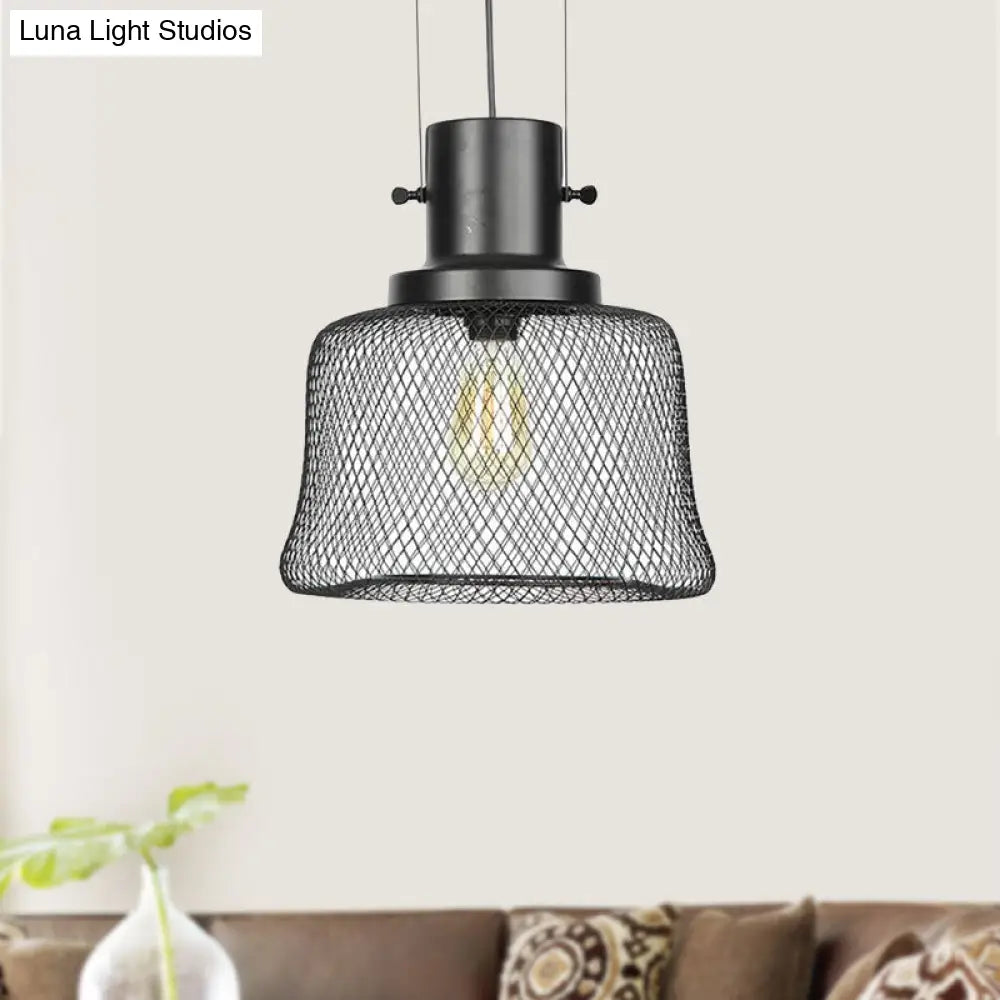 Industrial Mesh Cage Pendant Light - Black Metal Single Lamp For Living Room Hanging With Shade