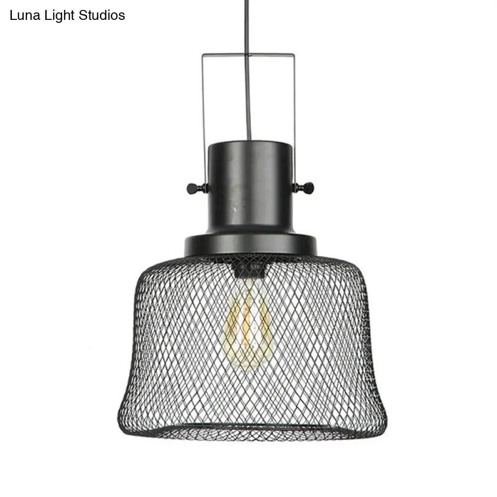 Industrial Mesh Cage Pendant Light - Black Metal Single Lamp For Living Room Hanging With Shade