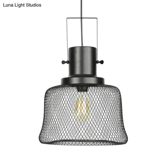 Industrial Mesh Cage Pendant Light - Black Metal Single Lamp For Living Room Hanging With Shade