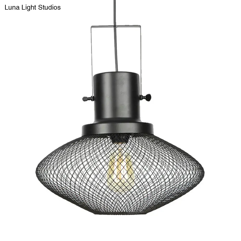 Industrial Mesh Cage Pendant Light - Black Metal Single Lamp For Living Room Hanging With Shade