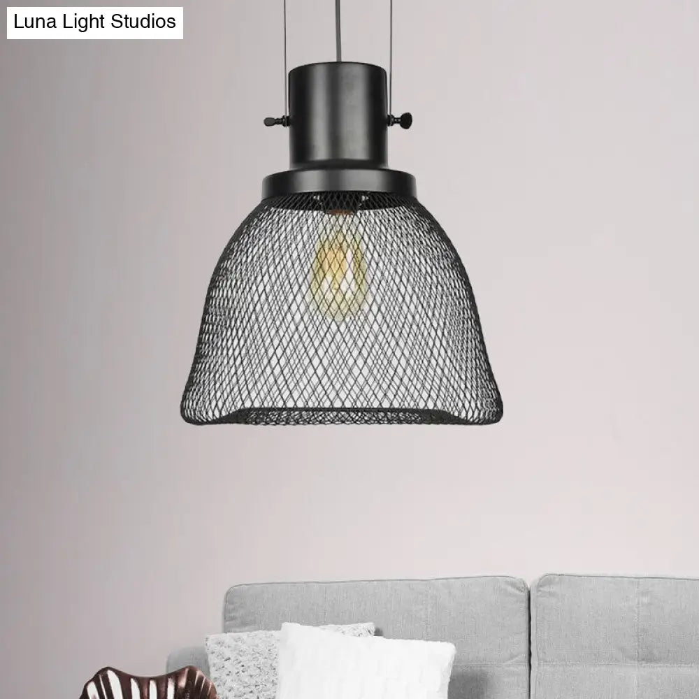 Industrial Mesh Cage Pendant Light - Black Metal Single Lamp For Living Room Hanging With Shade