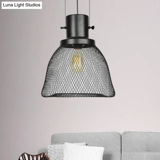 Industrial Mesh Cage Pendant Light - Black Metal Single Lamp For Living Room Hanging With Shade