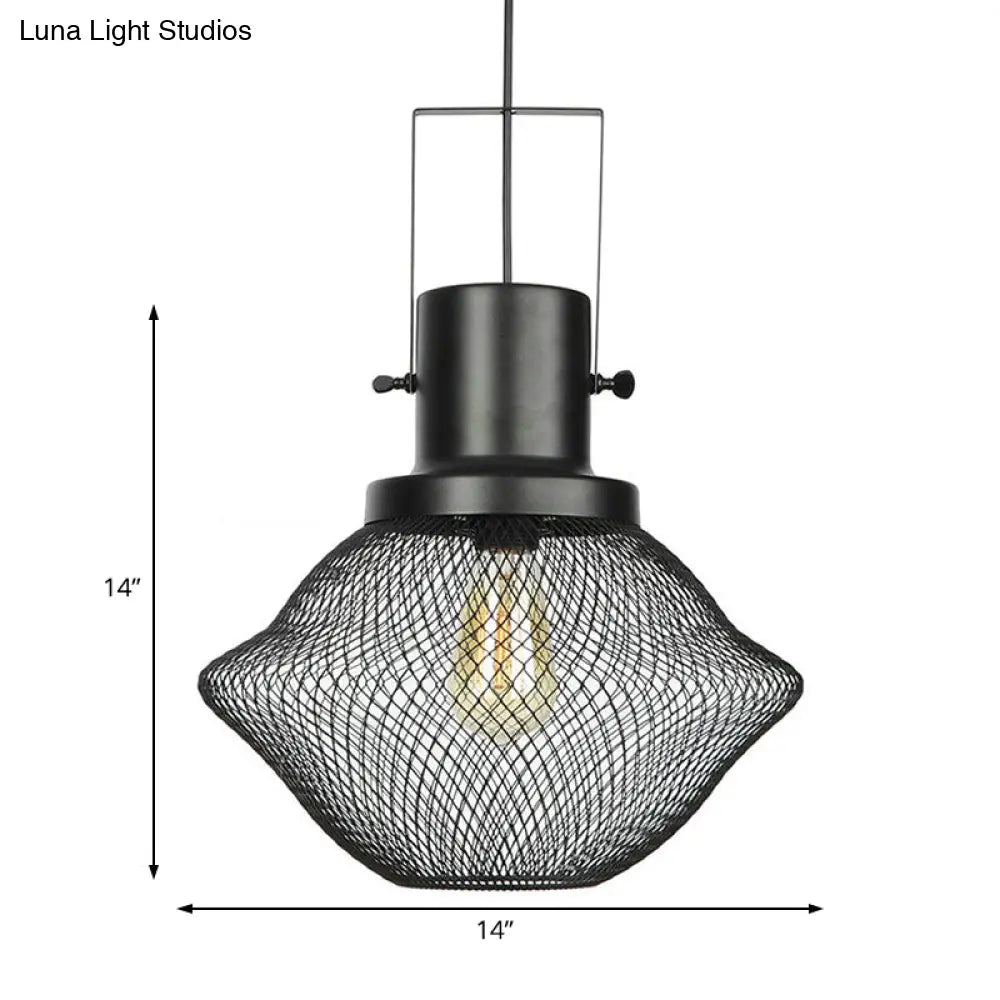 Industrial Mesh Cage Pendant Light - Black Metal Single Lamp For Living Room Hanging With Shade