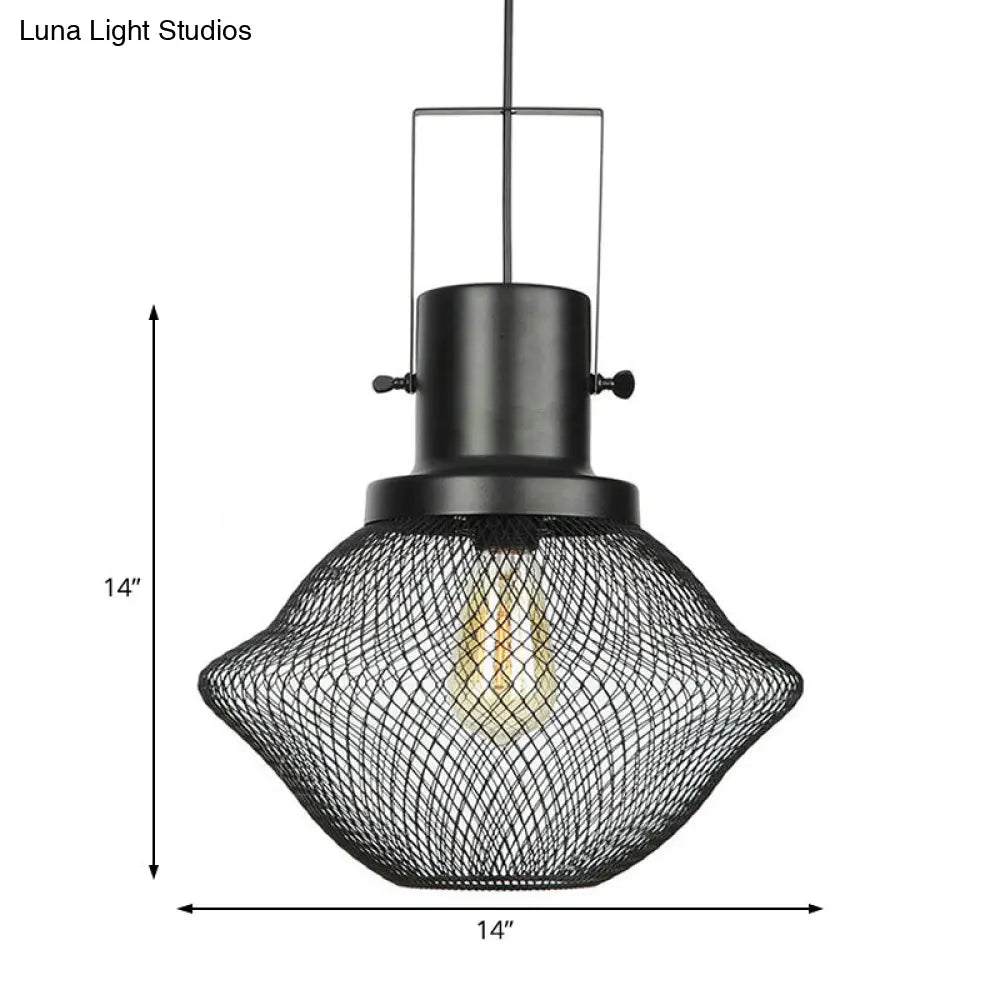 Industrial Metal Pendant Light - Mesh Cage 1-Light Black Shade Living Room Hanging Lamp