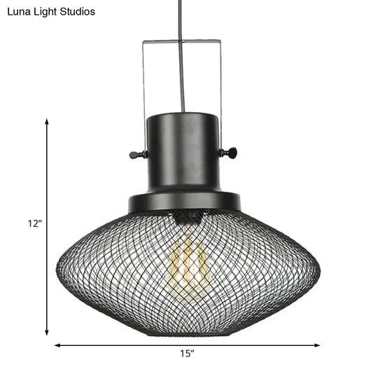 Industrial Mesh Cage Pendant Light - Black Metal Single Lamp For Living Room Hanging With Shade