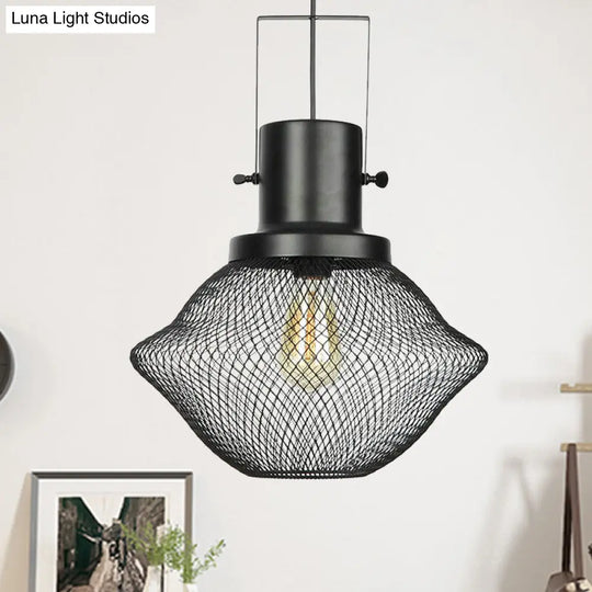 Industrial Metal Pendant Light - Mesh Cage 1-Light Black Shade Living Room Hanging Lamp / E