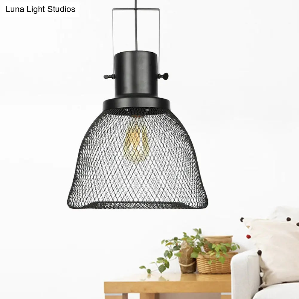 Industrial Metal Pendant Light - Mesh Cage 1-Light Black Shade Living Room Hanging Lamp / D