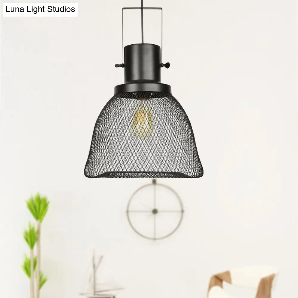 Industrial Metal Pendant Light - Mesh Cage 1-Light Black Shade Living Room Hanging Lamp