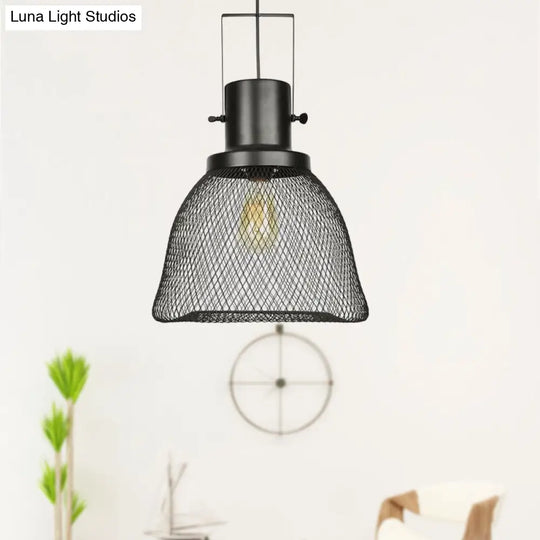 Industrial Metal Pendant Light - Mesh Cage 1-Light Black Shade Living Room Hanging Lamp