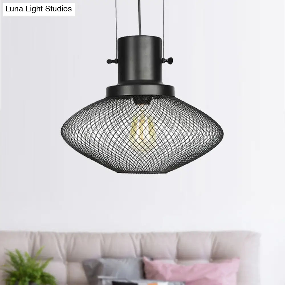 Industrial Mesh Cage Pendant Light - Black Metal Single Lamp For Living Room Hanging With Shade