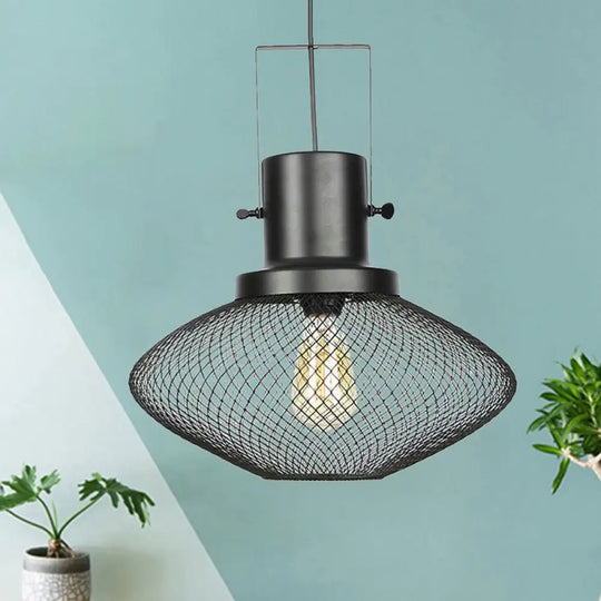 Industrial Mesh Cage Pendant Light - Black Metal Single Lamp For Living Room Hanging With Shade / C