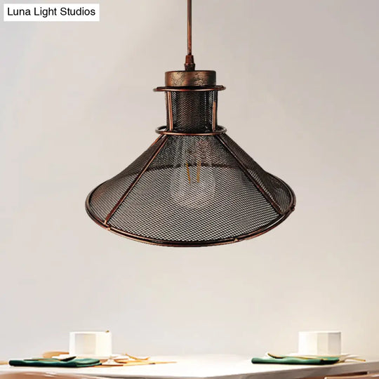 Mesh Cage Pendant Light Industrial Metal Rust/Black - Cone Shade 1 Bulb Restaurant Ceiling Lamp Rust