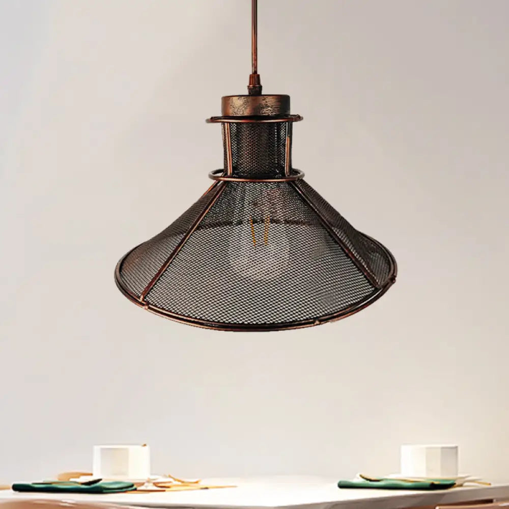 Industrial Mesh Cage Pendant Light With Cone Shade - Rust/Black Finish Ideal For Restaurants Single