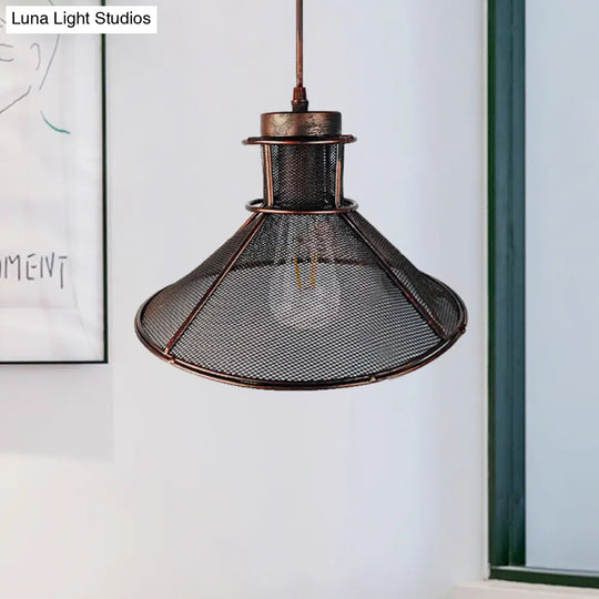 Industrial Mesh Cage Pendant Light With Cone Shade - Rust/Black Finish Ideal For Restaurants Single