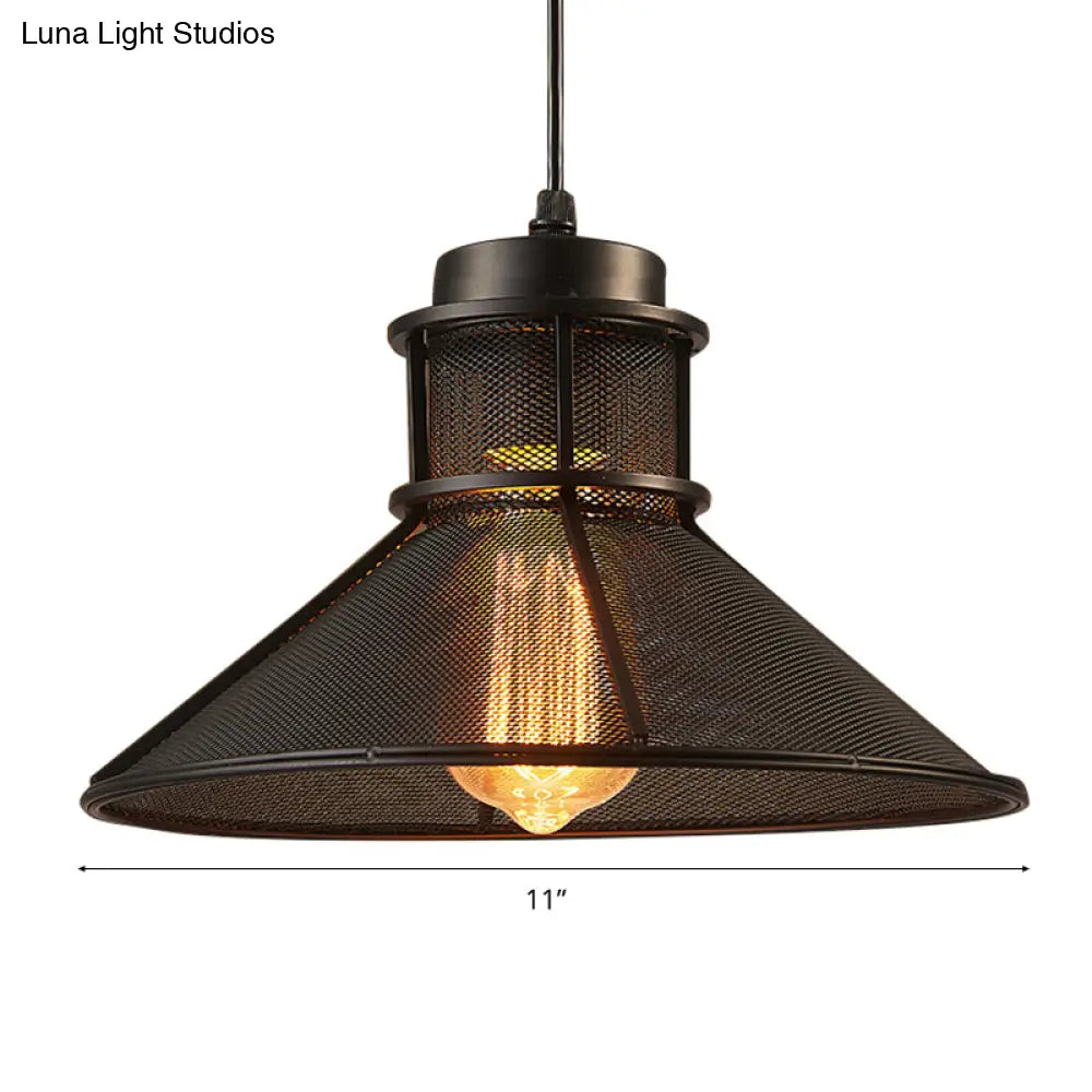 Industrial Mesh Cage Pendant Light With Cone Shade - Rust/Black Finish Ideal For Restaurants Single