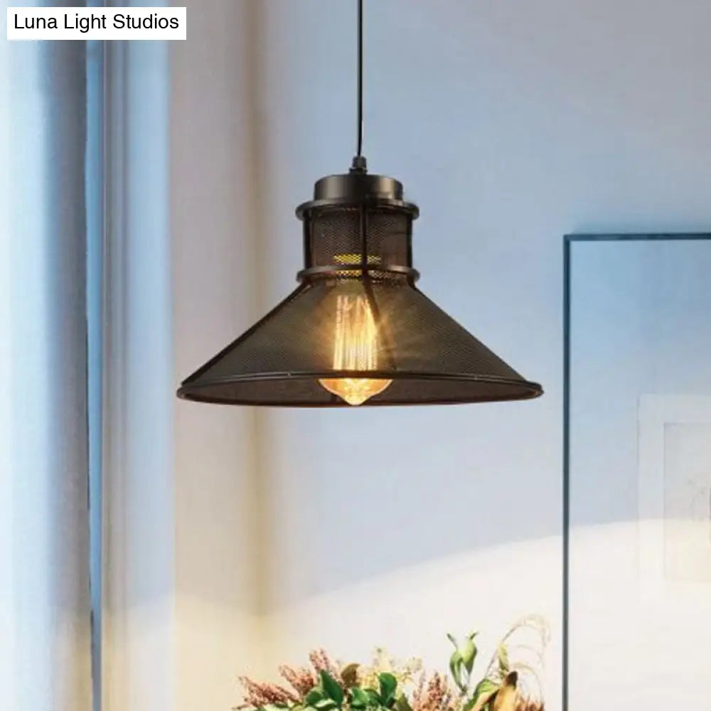 Industrial Mesh Cage Pendant Light With Cone Shade - Rust/Black Finish Ideal For Restaurants Single