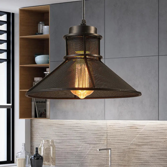 Industrial Mesh Cage Pendant Light With Cone Shade - Rust/Black Finish Ideal For Restaurants Single