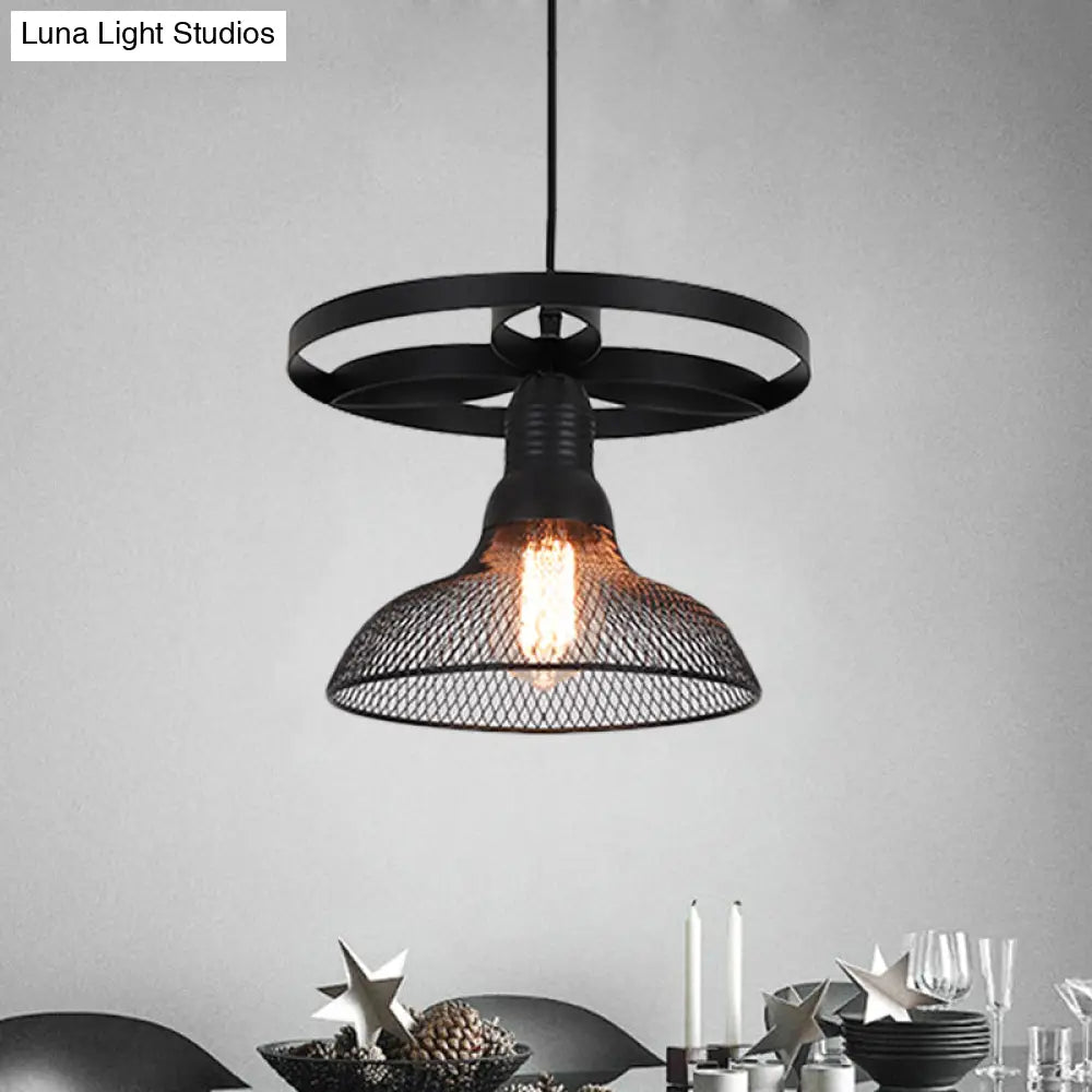 Industrial Mesh Pendant Lamp With Domed Metal Shade And Ring In Black – Stylish Hanging Light