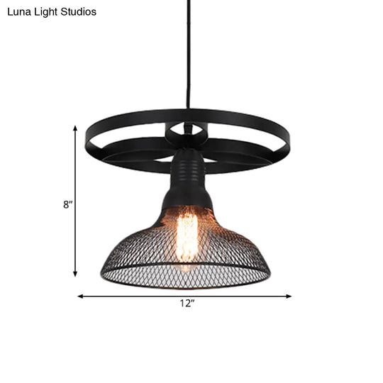 Industrial Mesh Pendant Lamp With Domed Metal Shade And Ring In Black – Stylish Hanging Light