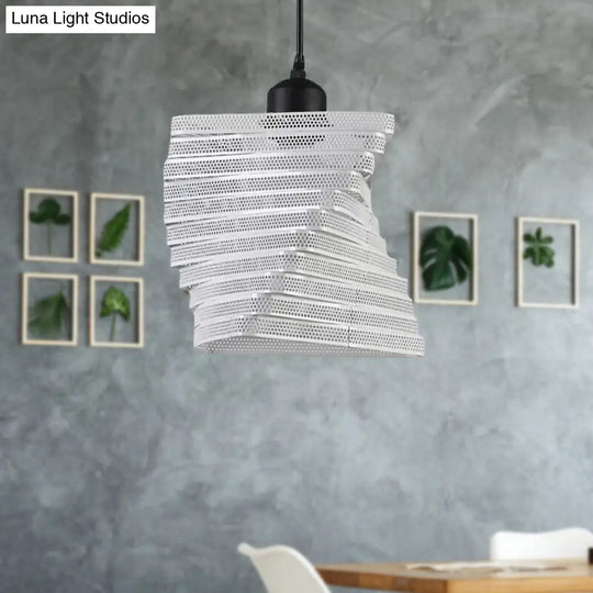Industrial Twist Mesh Pendant Light - Black/White Metal Hanging Lamp With Triangle Shade