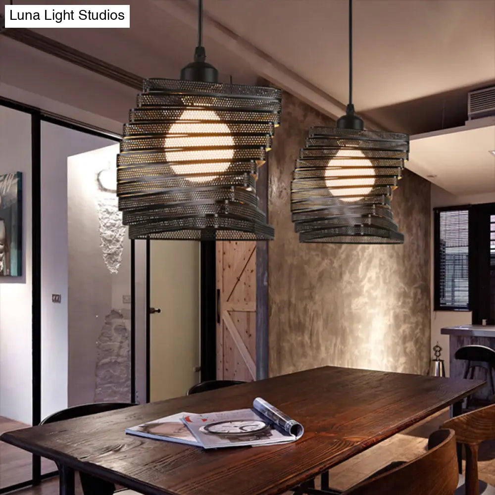 Industrial Twist Mesh Pendant Light - Black/White Metal Hanging Lamp With Triangle Shade Black
