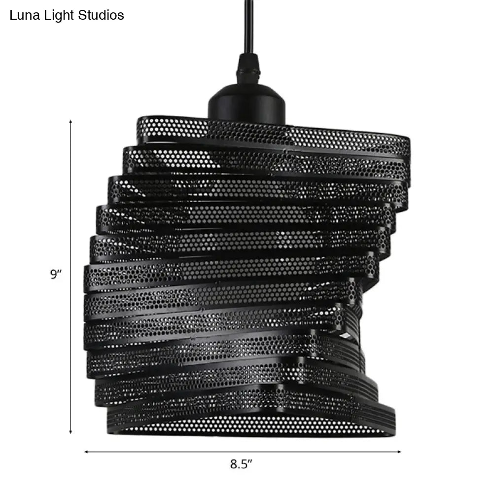 Industrial Twist Mesh Pendant Light - Black/White Metal Hanging Lamp With Triangle Shade