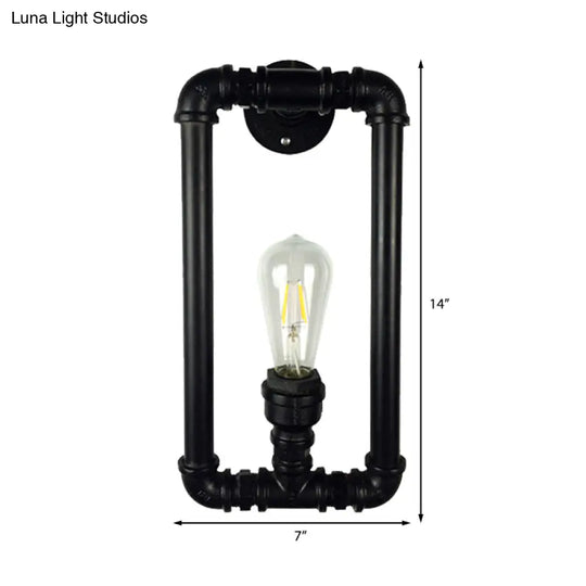 Industrial Metal 1-Light Bedroom Sconce Lamp In Matte Black Rectangle Design With Pipe Detailing