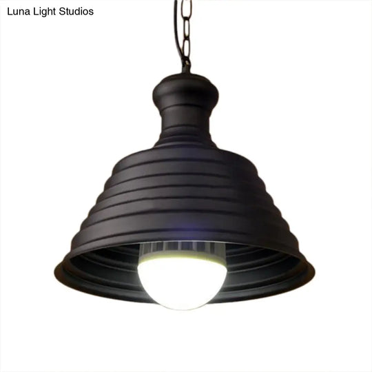 Industrial Metal 1-Light Bell Hanging Pendant Lamp With Ribbed Design & Bronze Finish - Ideal For